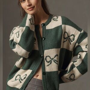 Lisa says gah emerald green cream bow check Lauda cardigan sweater XS/S $150